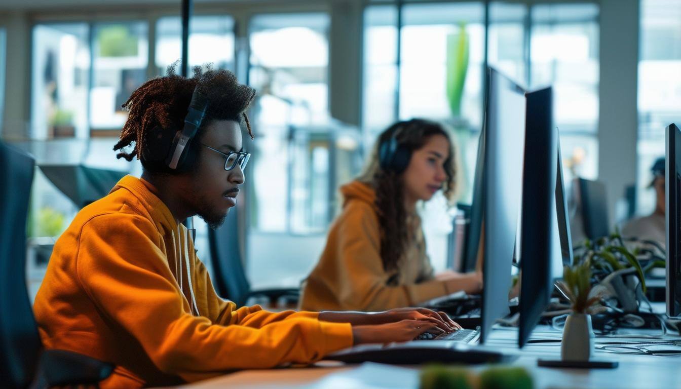 young men and women working on computers in a cool environment